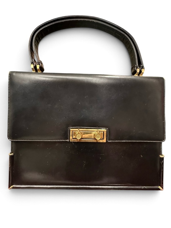 Handbags - Vintage 1960s Black Structured Top Handle Bag with Red Interior